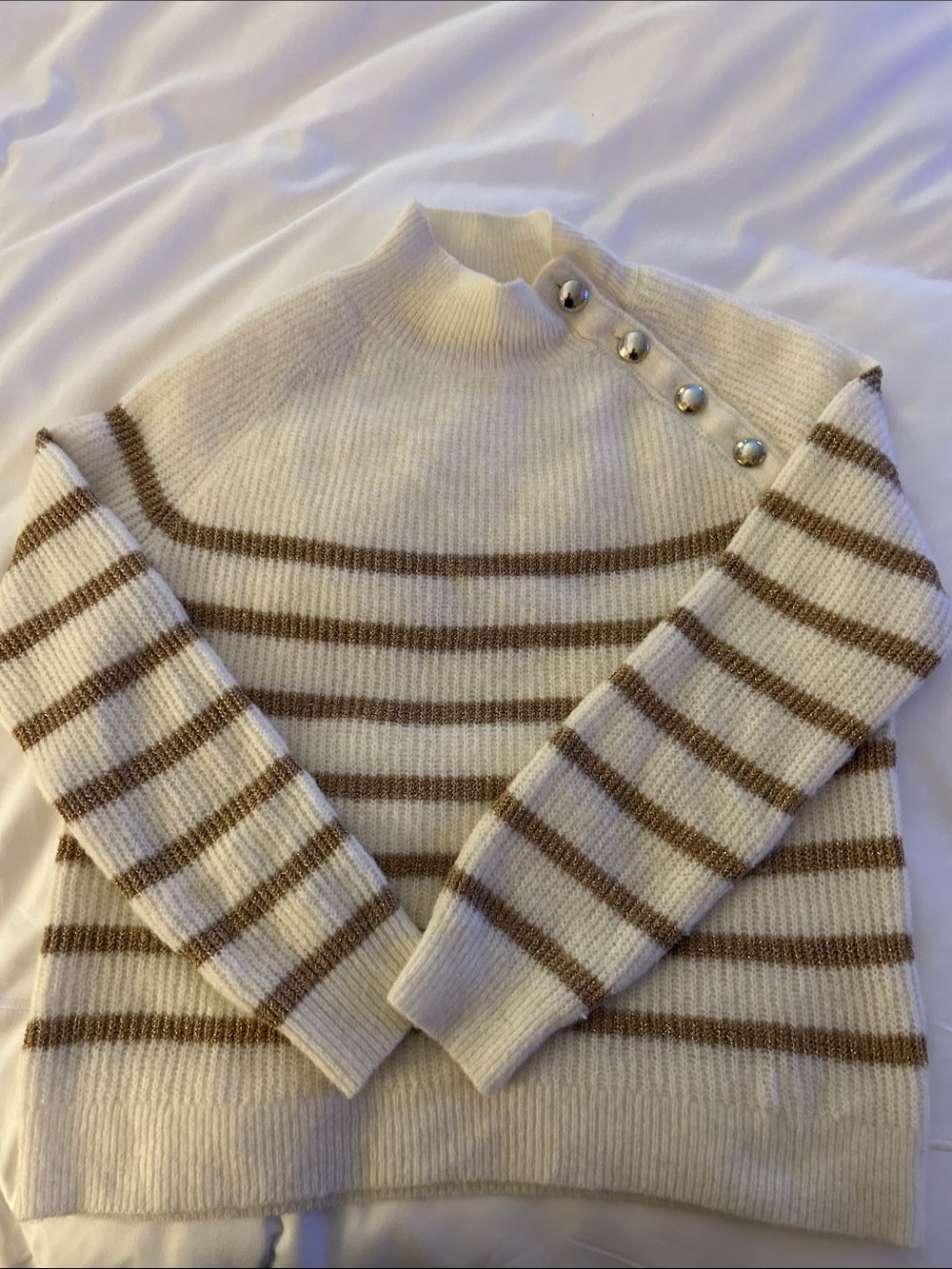 La Maille Sézane Striped Cream & Gold Mock Neck Sweater with Button Accent